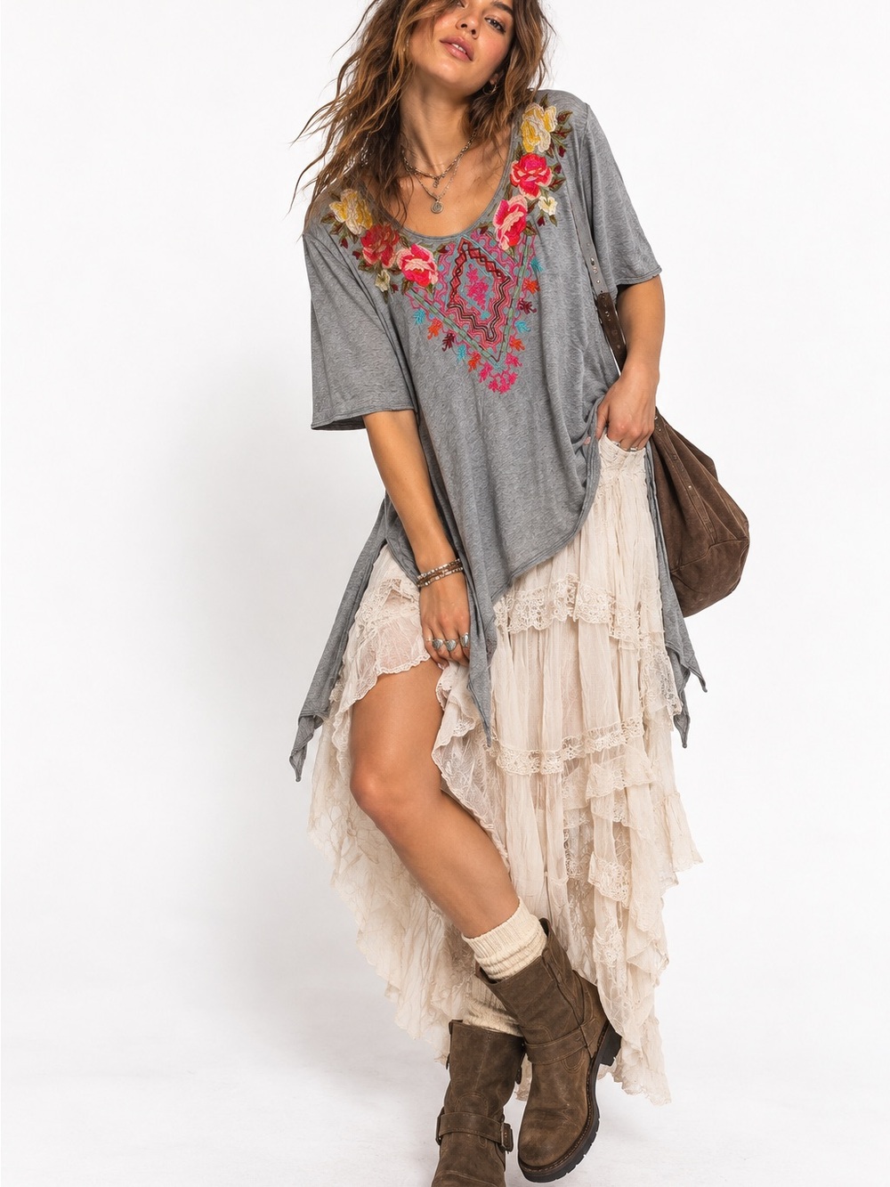 Johnny Was Gray Floral Embroidered Handkerchief Hem Boho Tunic Top Medium